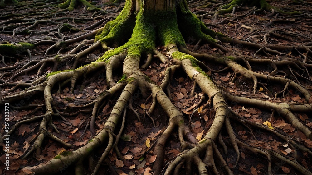 Close-up view of large tree roots covered in moss and leaves. Close-up view of large tree roots covered in moss and leaves.