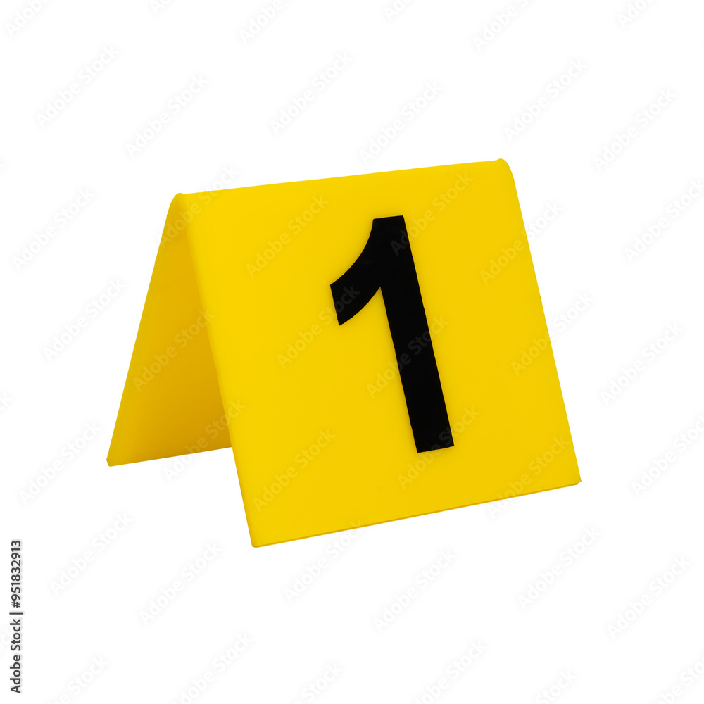 Crime scene investigation. Yellow evidence identification marker on transparent background number 1