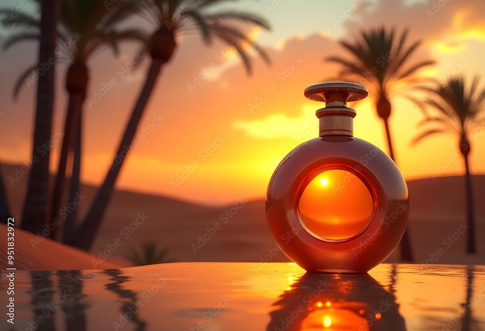 Exotic Perfume Bottle in Sunset Desert Landscape Exotic Perfume Bottle in Sunset Desert Landscape