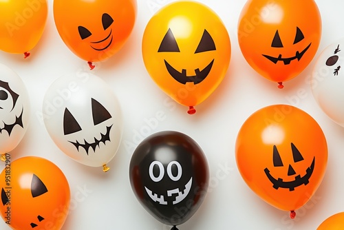 Halloween balloons on a white background: orange balloon with a jack-o'-lantern face, black and grey ghostly faces, pure-white balloon. Halloween party decoration or greeting card design.