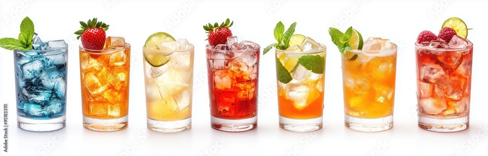 Set of colorful cocktails and margaritas with ice cubes in glasses, isolated on a white background