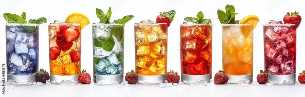 Set of colorful cocktails and margaritas with ice cubes in glasses, isolated on a white background
