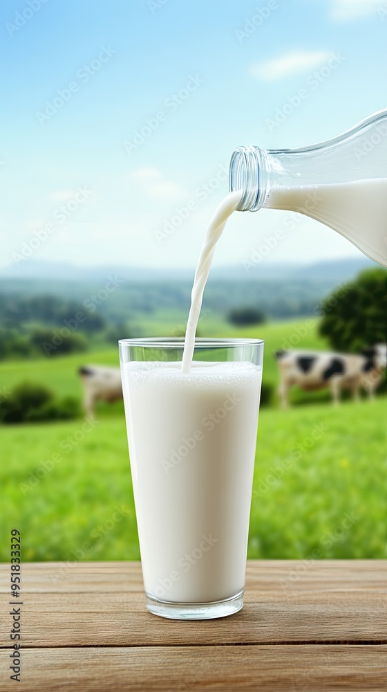 Refreshing milk pouring from a glass bottle into a cup beside a green field filled with grazing cows under a clear blue sky Refreshing milk pouring from a glass bottle into a cup beside a green field filled with grazing cows under a clear blue sky