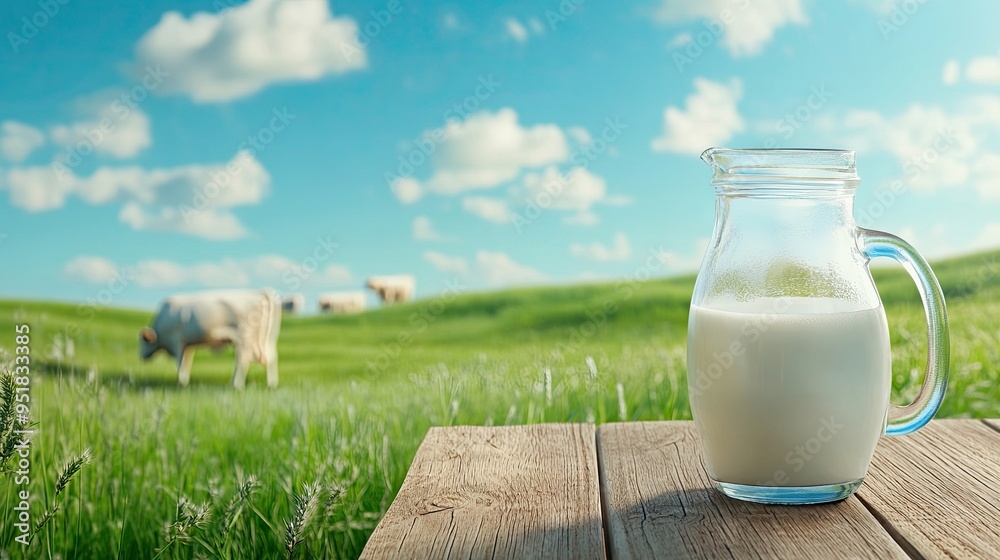 Freshly poured milk from a glass bottle on a rustic wooden table with a scenic green field and cows grazed under a bright blue sky Freshly poured milk from a glass bottle on a rustic wooden table with a scenic green field and cows grazed under a bright blue sky