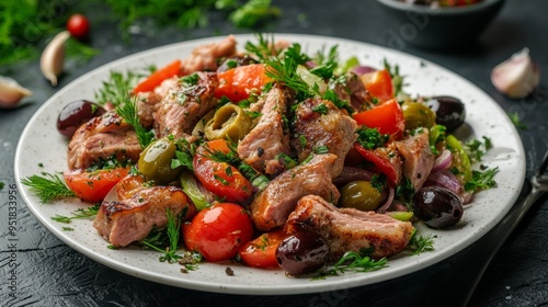 Bulgarian national cuisine: Salad with pork legs, olives and garlic.