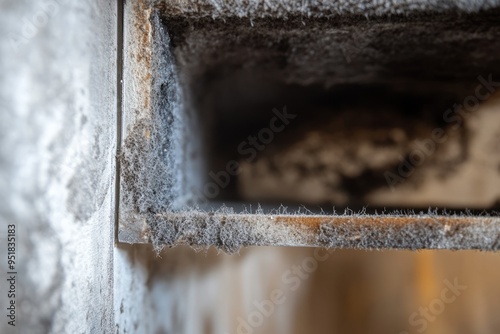 Inside view of a moldy and dusty air duct, indicating need for professional cleaning.