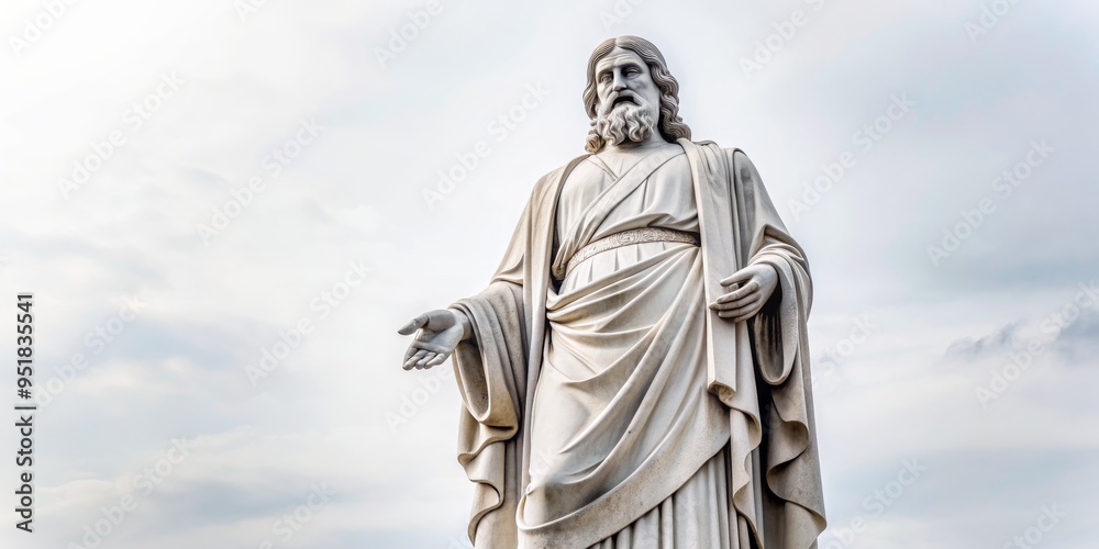 Obraz premium A Low Angle View of a Marble Statue of a Man with a Beard and Long Hair, Wearing a Robe, Standing Against a Cloudy Sky, Statue, Marble, Sky, Religion
