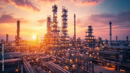 Oil and gas refinery industry plant with glitter lighting and sunrise in the morning, Factory of petroleum industrial, Power plant,Energy power station area. Industry 4.0