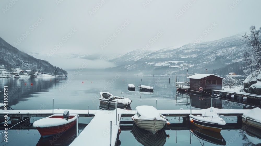 Fototapeta premium Snow-dusted boats docked quietly on a serene lake, surrounded by snow-capped mountains and shrouded in a wintry fog.