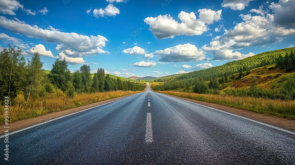 endless road stretching into horizon through lush green landscape endless road stretching into horizon through lush green landscape
