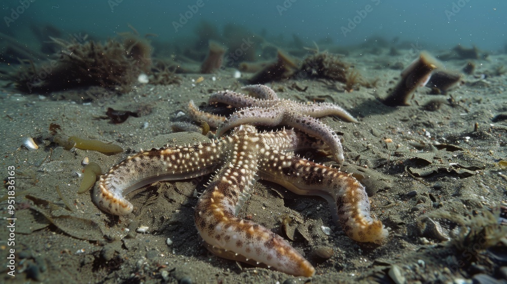 Two starfish rest on the ocean floor amongst marine vegetation, gracefully underwater in their natural habitat. Two starfish rest on the ocean floor amongst marine vegetation, gracefully underwater in their natural habitat.