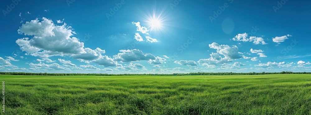 Beautiful green grass meadow with a blue sky and clouds, a panoramic view Beautiful green grass meadow with a blue sky and clouds, a panoramic view