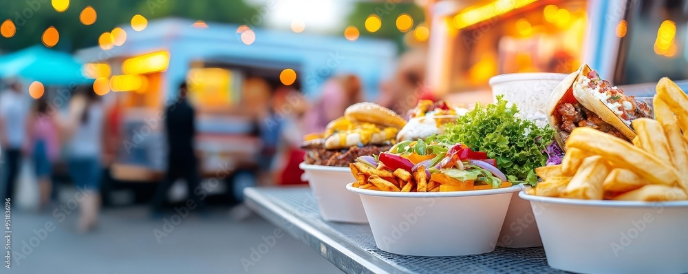 Vibrant gourmet food truck festival scene, urban street food, colorful lighting, diverse crowd, summer evening, culinary event, celebration of flavors
