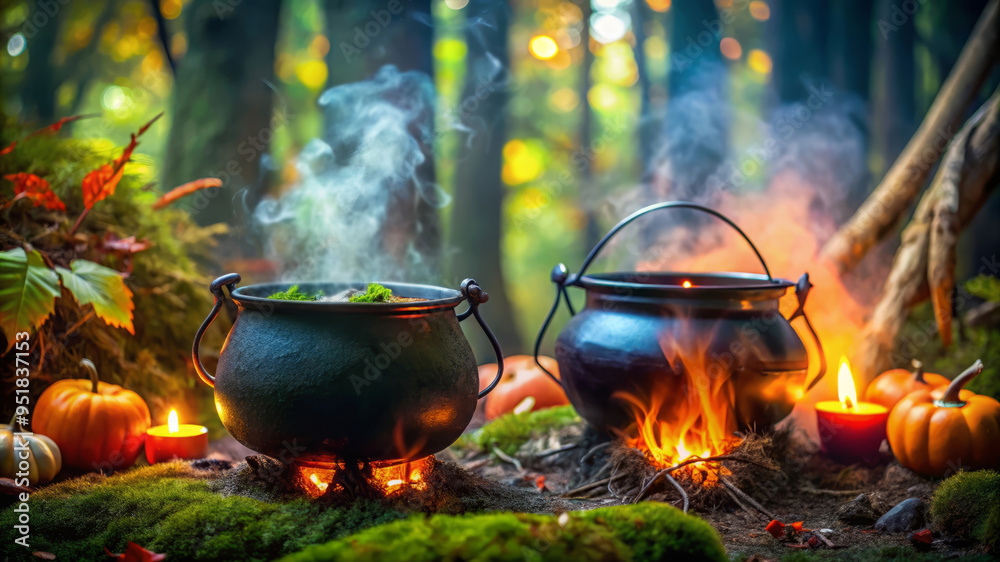 Witch'S Cauldron Bubbling Over A Fire In The Woods. Witch'S Cauldron Bubbling Over A Fire In The Woods.