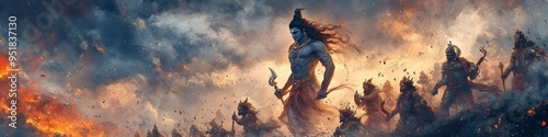 Divine Battle: AI-Generated Watercolor of Shiva Leading Ganas Army. Abstract Cultural Art with Vibrant Blue-Orange Hues. Minimalist Composition for Spiritual Marketing, UI, and Graphic Design Projects