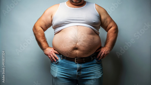 Overweight Man In White Tank Top And Jeans. photo