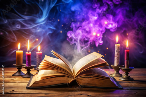 Open Book With Candles And Smoke, Magic, Mystery, Fantasy, Witchcraft, Spell Book, Mystical