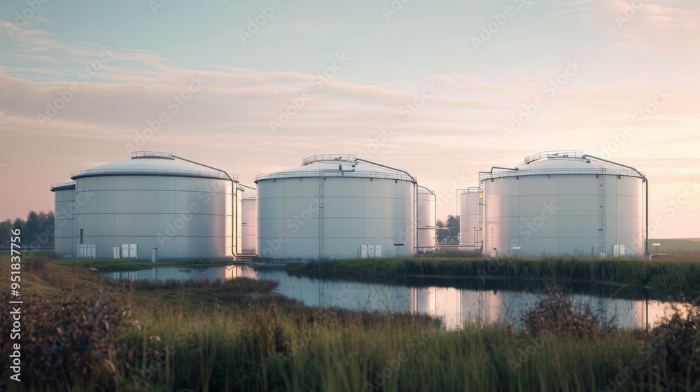 Three large, white fuel storage tanks sit peacefully by a reflective water body, under a softly glowing sky at twilight. Three large, white fuel storage tanks sit peacefully by a reflective water body, under a softly glowing sky at twilight.