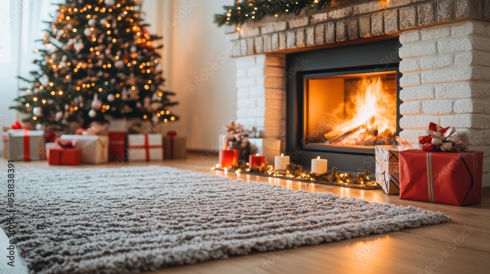 Cozy Christmas living room with a decorated tree, fireplace, and presents, creating a warm and festive holiday atmosphere. Cozy Christmas living room with a decorated tree, fireplace, and presents, creating a warm and festive holiday atmosphere.
