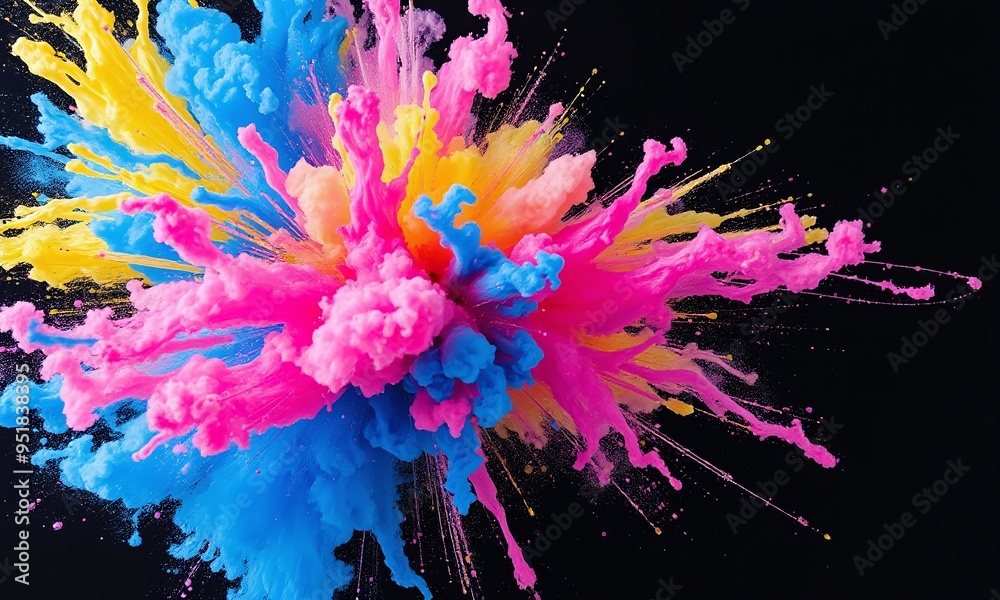 Obraz premium vibrant color explosion, blue and pink clouds, yellow burst, abstract painting, dark background