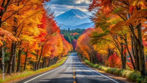 Autumn Road Through Colorful Trees with Mountain View, digital art, fall foliage, road trip, mountain scenery , autumn , mountain