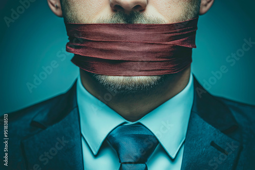 Close-up of a man in a suit with a red cloth covering his mouth on a blue background. Concept of censorship and silence. photo