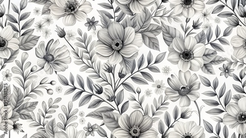 Wallpaper Mural Black and White Floral Illustration with Detailed Leaves, Seamless Pattern, Floral Background, Flower Design, Monochromatic , pattern , botanical Torontodigital.ca