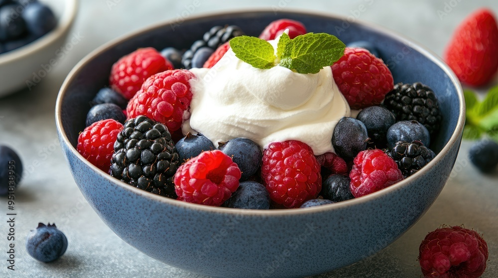 A bowl of mixed berries with a dollop of whipped cream. A bowl of mixed berries with a dollop of whipped cream.