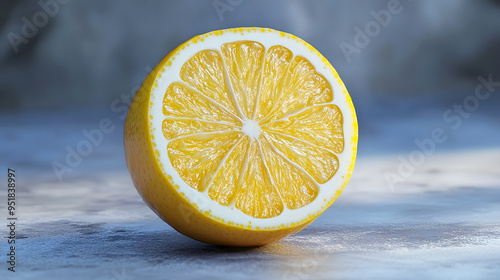 A single lemon with a slice cut out, revealing the juicy flest photo