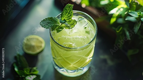 A glass of freshly squeezed lime juice with a sprig of mint. photo