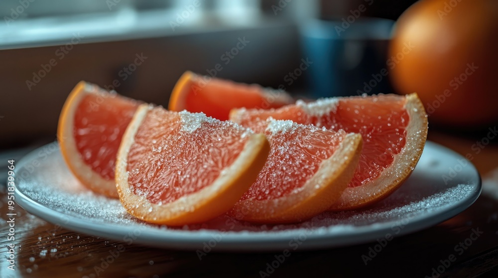 A plate of sliced grapefruit with a sprinkle of sugar. A plate of sliced grapefruit with a sprinkle of sugar.