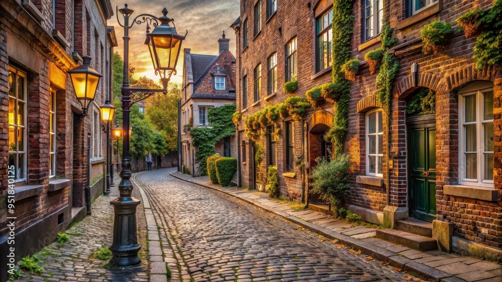 Fototapeta premium Cobblestone Street with Old Lamppost at Sunset, Europe, architecture, travel, history