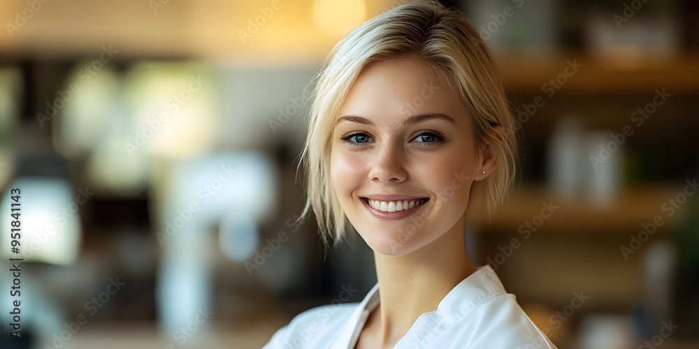 Happy Blonde Nurse Smiling in Front of Coffee Shop Happy Blonde Nurse Smiling in Front of Coffee Shop