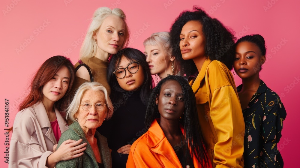 A powerful portrait of eight diverse women standing confidently against a bold pink backdrop, celebrating diversity and empowerment. A powerful portrait of eight diverse women standing confidently against a bold pink backdrop, celebrating diversity and empowerment.