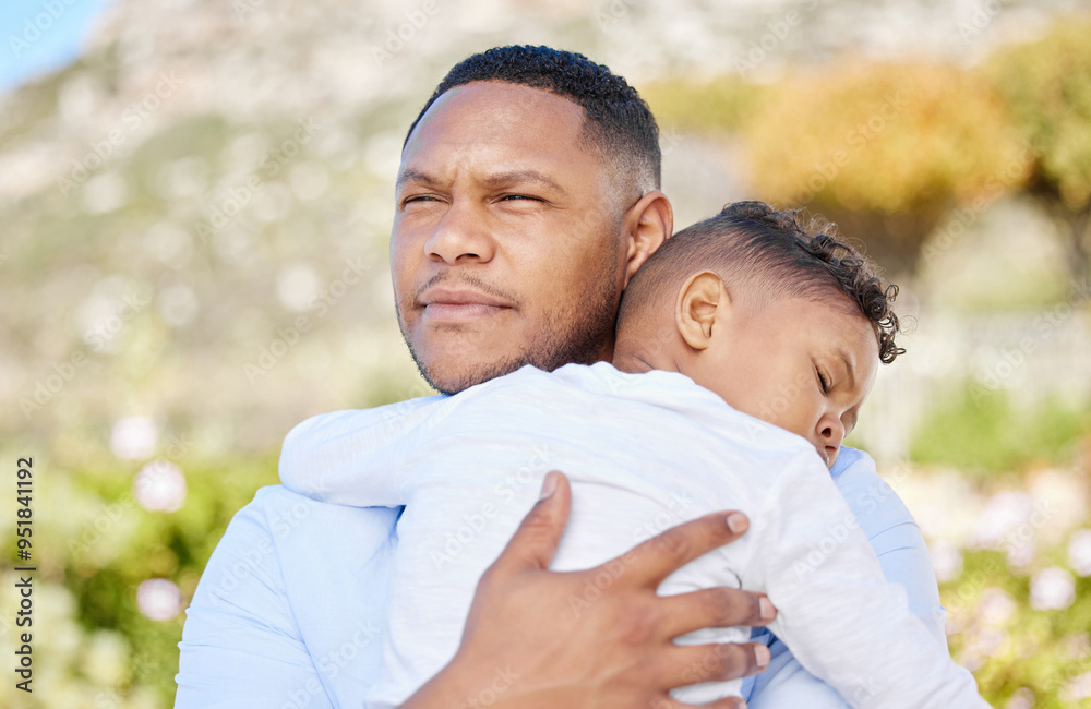 Outdoor, love and father hugging child in nature for bonding, love and family time together. Connection, happy and dad embracing and carrying boy kid for sleeping or nap in park, garden or field. Outdoor, love and father hugging child in nature for bonding, love and family time together. Connection, happy and dad embracing and carrying boy kid for sleeping or nap in park, garden or field.