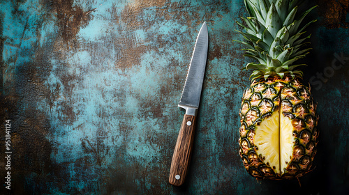 A whole pineapple on a rustic table, with a knife beside it ready for slicing photo