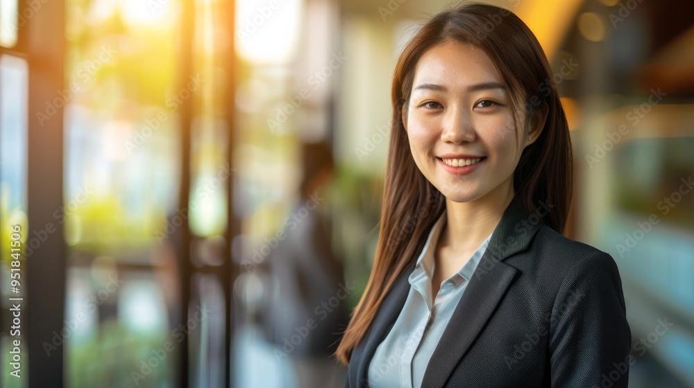 A young professional woman in business attire smiles confidently with a brightly lit office background. A young professional woman in business attire smiles confidently with a brightly lit office background.