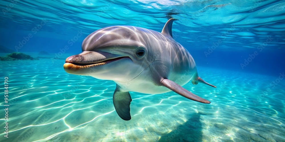 Fototapeta premium Dolphin Underwater Portrait Close-up of a smiling dolphin swimming in clear turquoise water, captured from an underwater perspective, showcasing the beauty of marine