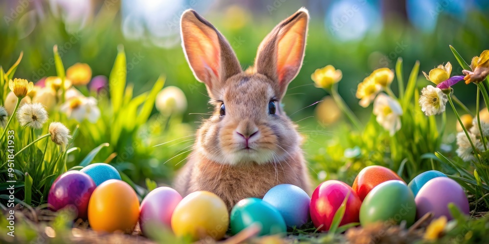 Easter Bunny Surrounded by Colorful Eggs in a Spring Meadow, easter , rabbit , egg , spring