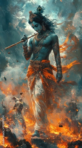 Divine Warrior: AI-Generated Watercolor of Krishna's Epic Battle. Abstract Cultural Art with Vibrant Blue-Orange Hues. Minimalist Composition for Spiritual Marketing, UI, and Graphic Design Projects.