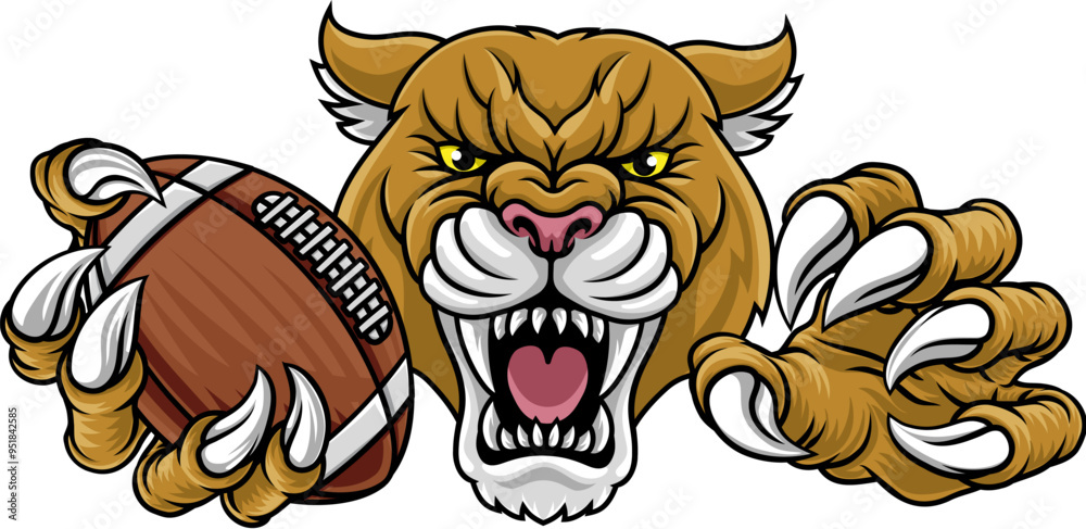 Fototapeta premium Cougar, panther, mountain lion or puma wildcat cat American football mascot sports team mascot holding a ball