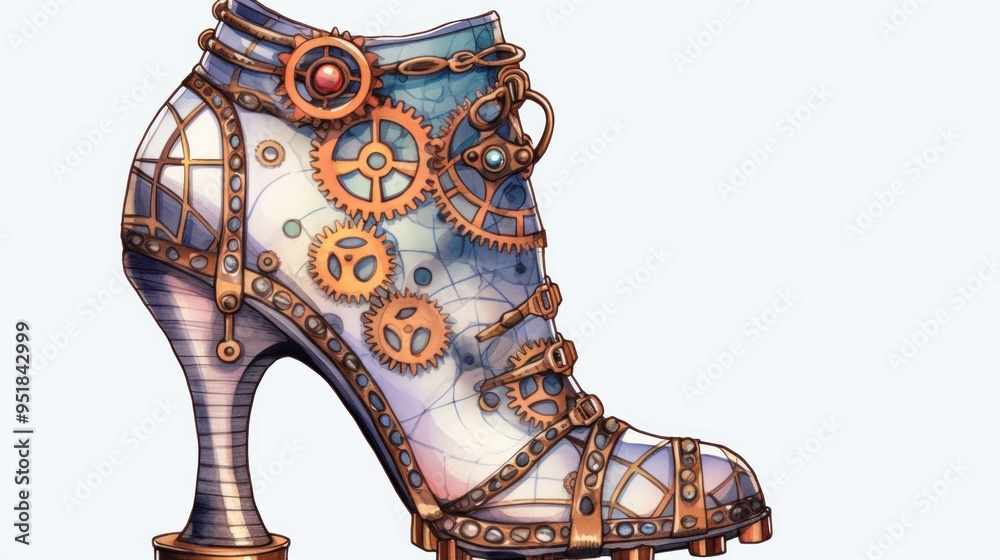 Conceptual art of steampunk heel shoes on white background. Neural network ai generated art Conceptual art of steampunk heel shoes on white background. Neural network ai generated art