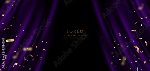 Purple curtain background. Golden confetti banner and ribbon on black background. Celebration grand openning party happy concept.
