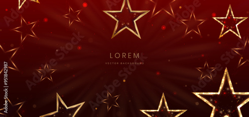 Golden star on dark red background with lighting effect and sparkle. Luxury template celebration award design.