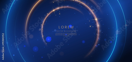 Abstract elegant gold circles line with lighting effect sparkle on blue background.