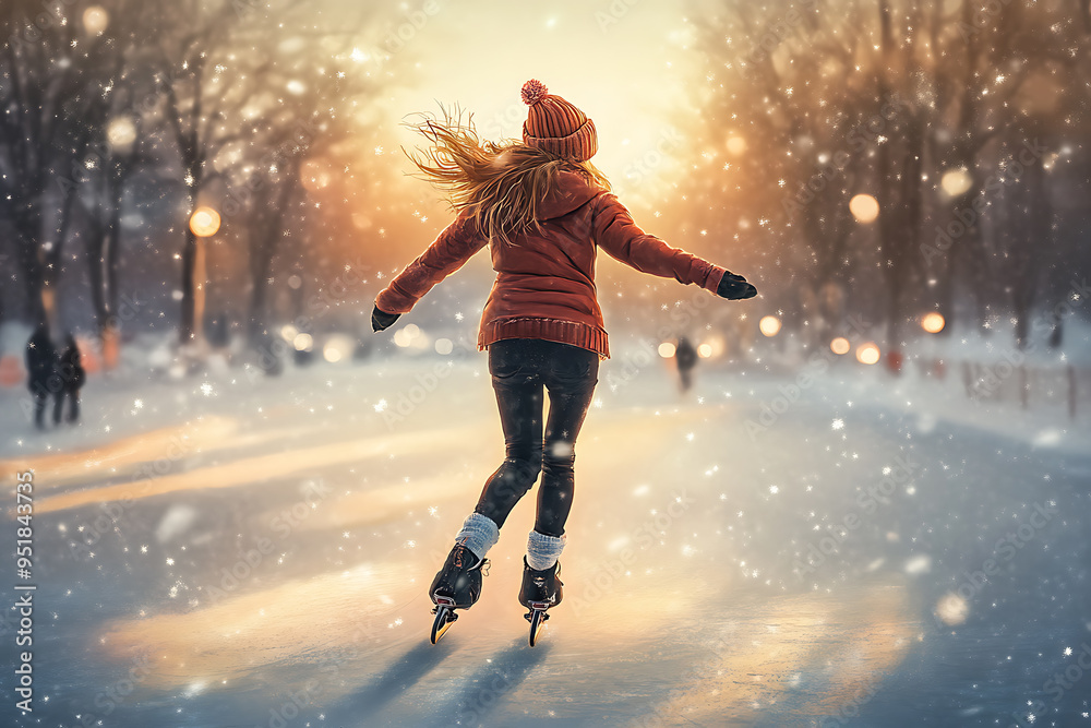 A girl is gracefully ice skating on a rink, capturing the joy and elegance of this winter activity A girl is gracefully ice skating on a rink, capturing the joy and elegance of this winter activity
