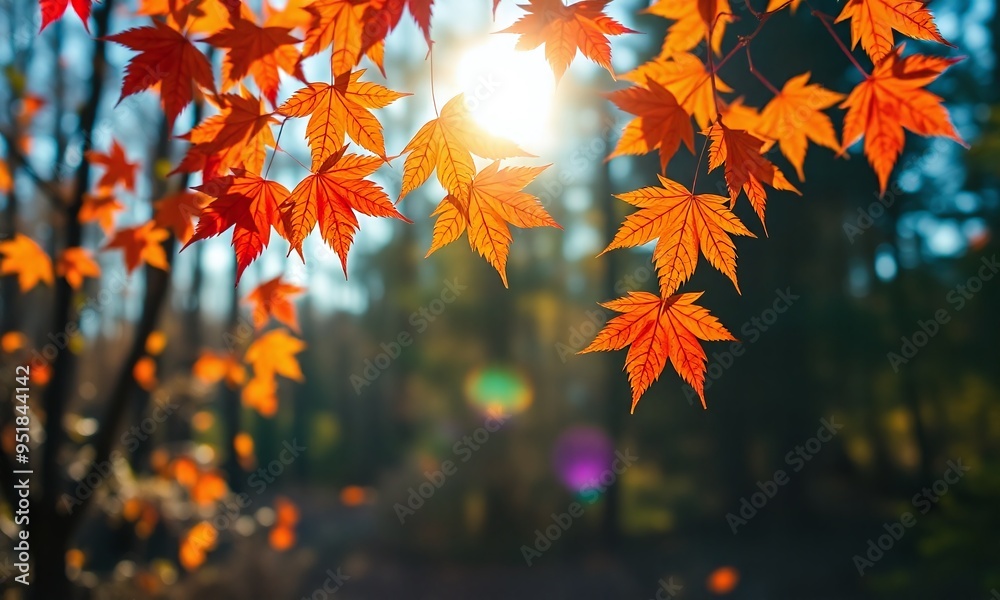 autumn leaves falling, vibrant orange and red hues, soft focus, sun rays creating bokeh autumn leaves falling, vibrant orange and red hues, soft focus, sun rays creating bokeh