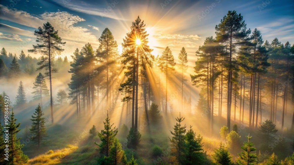 Golden Rays Through Mist-Shrouded Pines, Sunrise in a Forest, Misty Morning, Pine Trees, Sunbeams, Fog, Landscape Golden Rays Through Mist-Shrouded Pines, Sunrise in a Forest, Misty Morning, Pine Trees, Sunbeams, Fog, Landscape