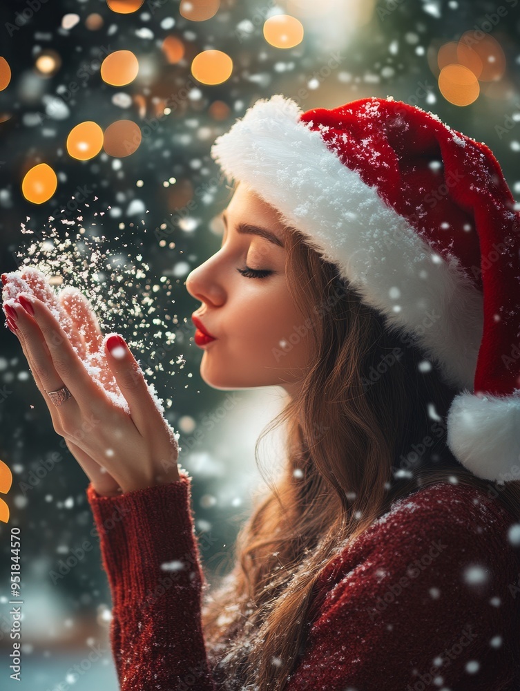 A woman in a red sweater and a red hat blowing snow A woman in a red sweater and a red hat blowing snow