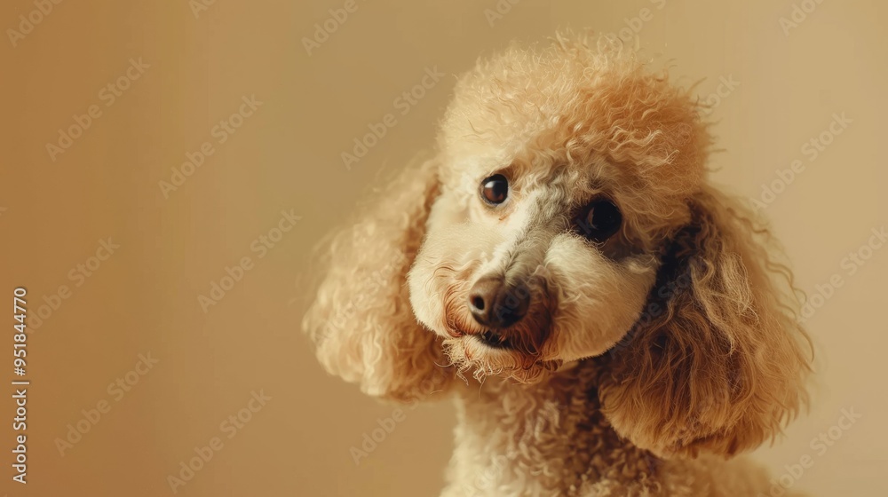 A close-up portrait of a curious poodle with soft, curly fur and expressive eyes, posing against a warm, beige background. A close-up portrait of a curious poodle with soft, curly fur and expressive eyes, posing against a warm, beige background.